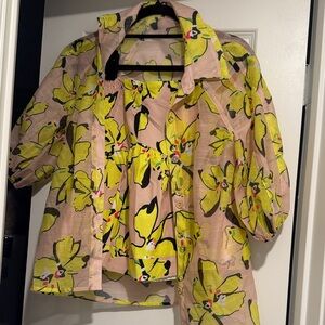 Two-Piece Floral Button Front Top Set in Pale Pink and Lime